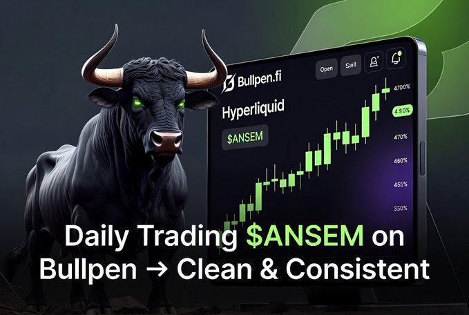 A promotional graphic features a black bull with glowing green eyes next to a tablet displaying a green candlestick chart. The text reads 'Bullpen.fi', 'Hyperliquid', '$ANSEM', and 'Daily Trading $ANSEM on Bullpen → Clean & Consistent'.