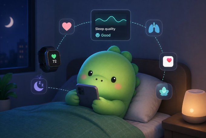 A cute green cartoon character lying in bed at night with health monitoring icons showing heart rate '72' and 'Sleep quality Good'.