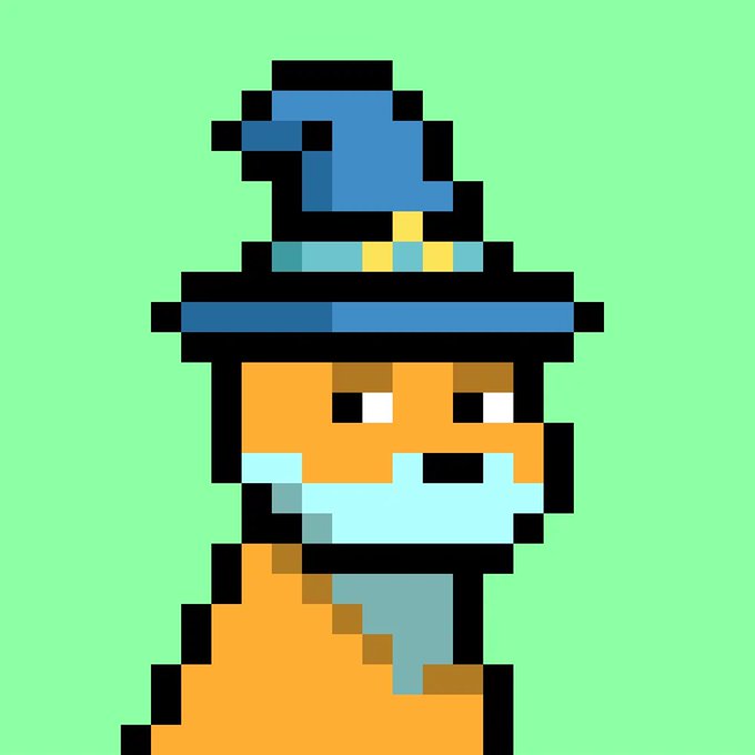 A pixel art orange dog with a blue mask, turquoise bandana, and a blue cap with a yellow brim stares forward against a light green background, embodying the rugged "Doginal Dogs" mascot featured in the "Doginal Dogs = Family!" post.