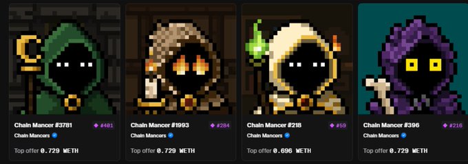 Four pixel-art 'Chain Manors' NFT character listings with prices ranging from 0.696 to 0.729 ETH.