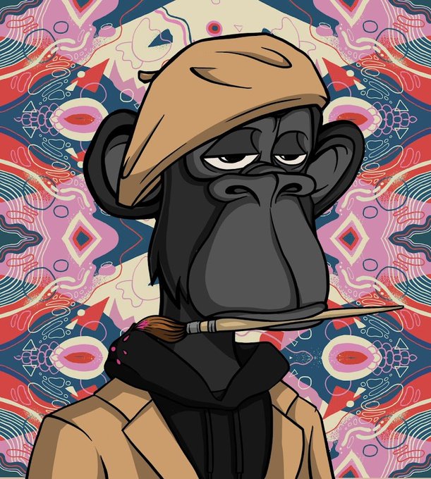 A digital illustration of a bored-looking black monkey or ape wearing a brown cap and jacket, holding a paintbrush in its mouth against a vibrant pink and blue patterned background.