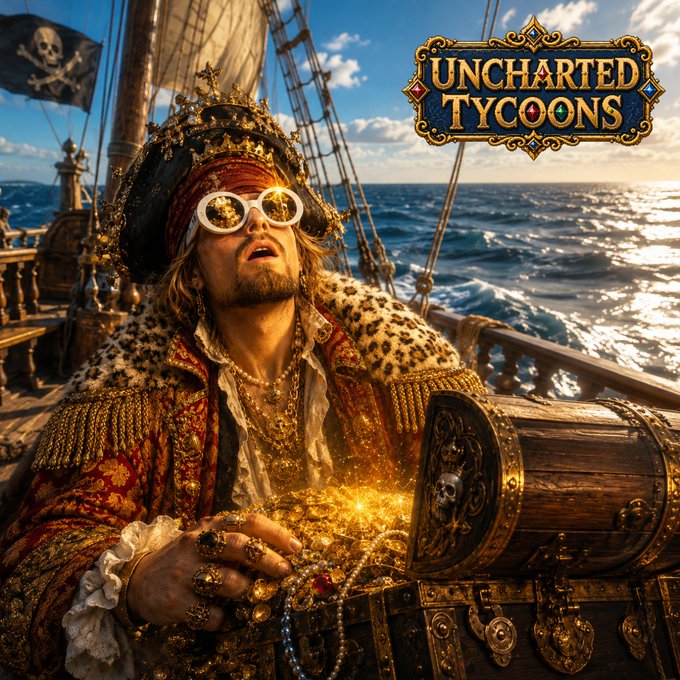 Digital artwork of a pirate captain in ornate gold-trimmed clothing and round sunglasses, gazing up at the sky from a ship deck with a pirate flag, an open treasure chest overflowing with gold, and the logo 'UNCHARTED TYCOONS' in the upper right.