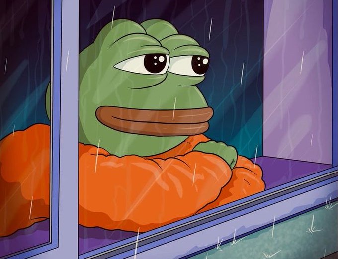 An illustration of Pepe the Frog wearing an orange puffy jacket, sitting by a window and looking out at the falling rain with a melancholy expression.