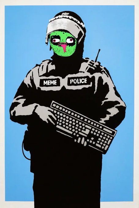 A stylized poster art of a masked officer in tactical gear with 'MEME POLICE' patches, holding a keyboard like a weapon against a blue background.