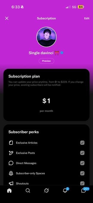 A subscription page for "Single davinci" displays a $1 per month plan with subscriber perks including exclusive articles, posts, direct messages, subscriber-only spaces, and shoutouts—all checked off. This visually confirms the post's announcement of lowering the subscription price back to $1 to cover NFT calls and Discord access.