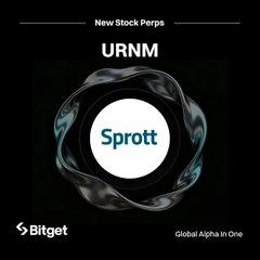 A promotional graphic from Bitget announcing a 'New Stock Perps' listing for URNM, featuring the Sprott logo.