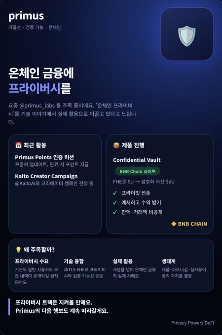 A dark blue Korean promotional page for “primus” describes a privacy-preserving “프라이버시볼,” listing features such as Primus Points, Kaito Creator Campaign, Confidential Vault, BNB Chain integration, and token distribution details.