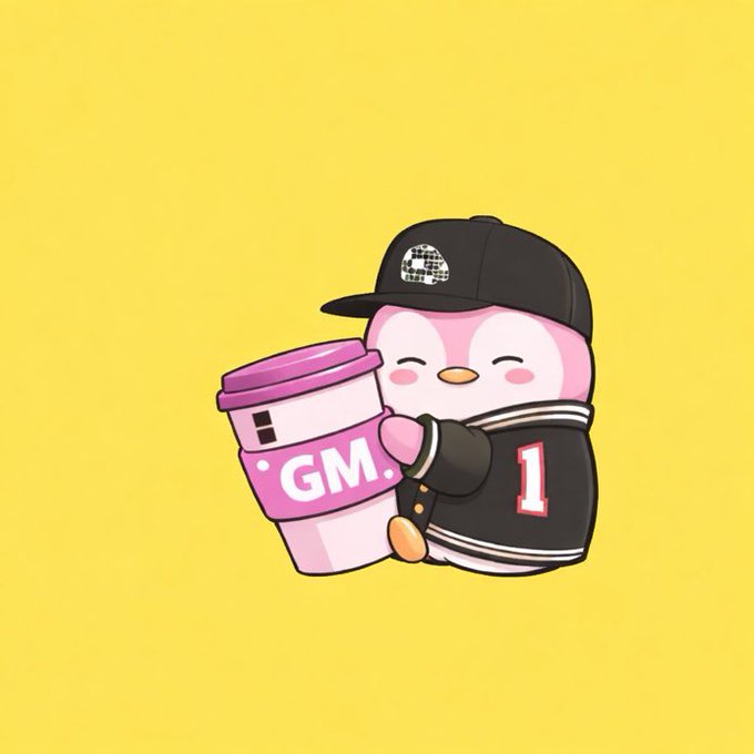 A cartoon penguin character wearing a black cap with '1' on its jacket holds a pink coffee cup labeled 'GM.' against a yellow background.