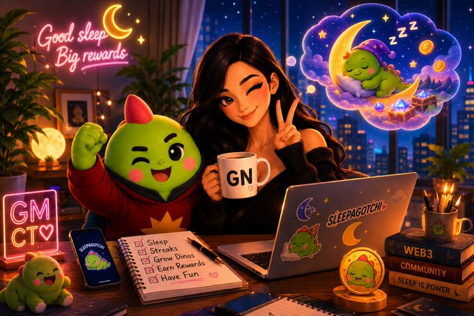 The image features a woman sitting at her desk with a laptop open in front of her. She has a cup of coffee next to her and there are several books scattered around her workspace. A green monster, possibly a dragon or a plant-like creature, is also present on her desk. The background shows a city skyline, suggesting that the scene takes place in an urban setting.

The image includes text elements such as "Good sleep big rewards", which could be related to the woman's work or personal life. There are also mentions of "GN if y'all GN Sleep and readiness in Web3 are more important than we thought before." This might indicate that the woman is involved in a project, possibly related to cryptocurrency or blockchain technology. The presence of the green monster on her desk could be an element from a video game or a creative project she's working on.