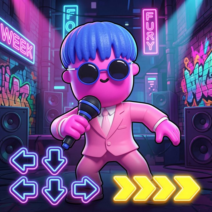 A vibrant neon-style illustration of a pink cartoon character with blue hair and sunglasses holding a microphone, surrounded by colorful arrows and neon signs in an urban setting.