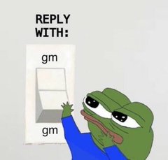 Meme image of a sad green Pepe the Frog pointing to a sign that reads 'REPLY WITH: gm gm'.