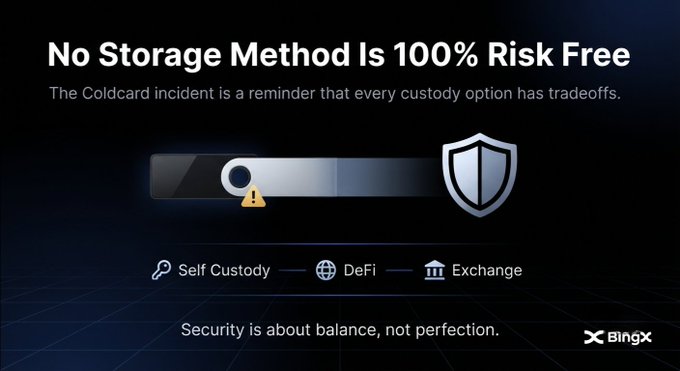 An informational slide from BingX titled "No Storage Method Is 100% Risk Free," discussing the Coldcard incident and comparing custody options: Self Custody, DeFi, and Exchange, with the message "Security is about balance, not perfection."
