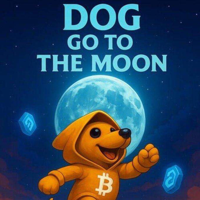 A cartoon-style graphic featuring a golden dog character wearing a hoodie with a Bitcoin logo, set against a large full moon with the text 'DOG GO TO THE MOON' in the night sky.