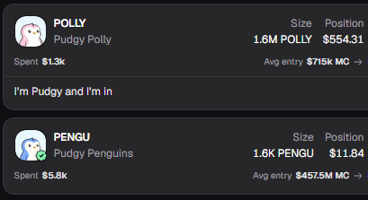 A screenshot showing Pudgy Penguins crypto market data with POLLY token at $554.31 and PENGU token at $11.84, with spending of $1.3k and $5.8k respectively.
