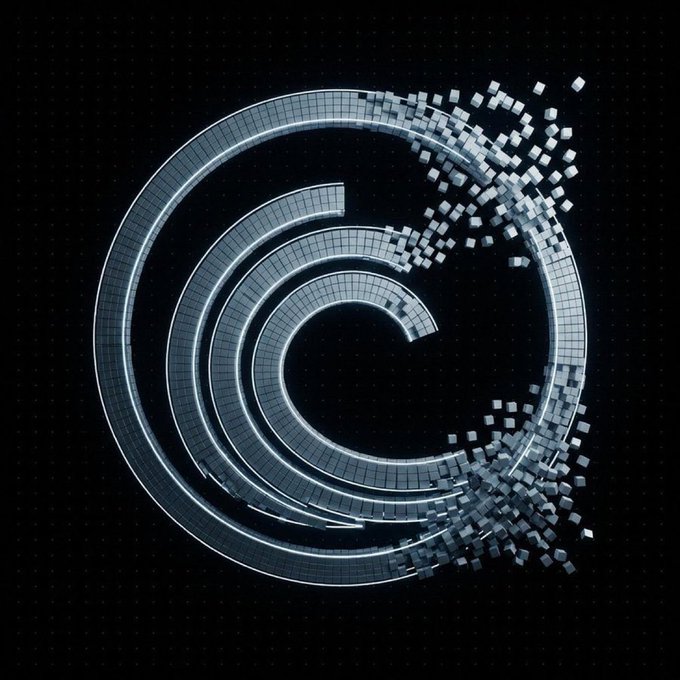 An abstract 3D render of a spiral shape breaking apart into small cubes against a dark background with a digital matrix-style texture.