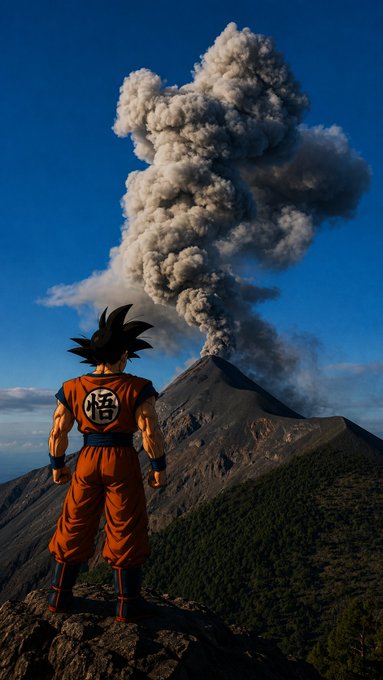 An illustration of the anime character Goku in an orange gi standing on a rocky peak, looking at a volcano erupting a massive plume of ash into a blue sky.
