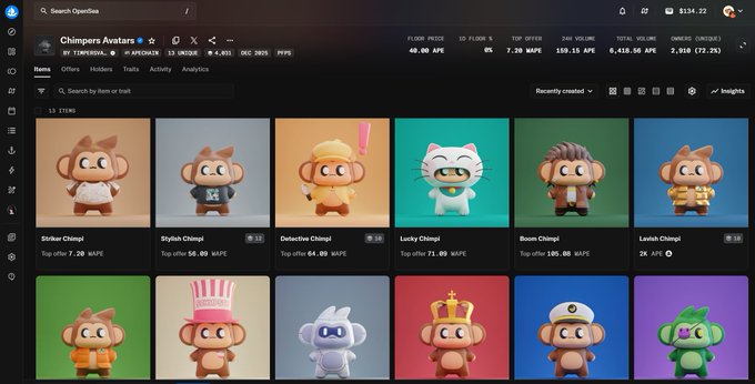 A screenshot of an NFT marketplace page titled 'Chimpers Avatars' displaying a collection of colorful cartoon chimpanzee character NFTs with stats including 48.00 APE floor price and various avatar designs like 'Sticker Chimpi', 'Stylish Chimps', and 'Kingchim'.