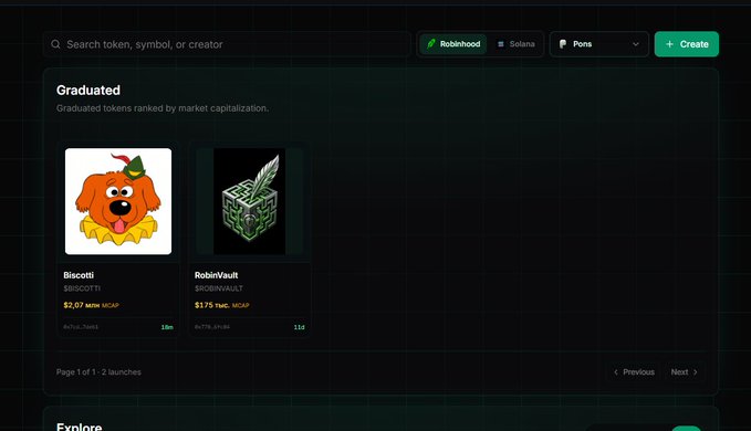 A cryptocurrency launchpad interface displays graduated tokens ranked by market cap, featuring $BISCOTTI ($2.07 million MCAP, +38%) and $ROBINVAULT ($1.75 trillion MCAP, +55%), aligning with the post highlighting BISCOTTI as the first major runner on the Emblem Vault Robinhood launchpad.