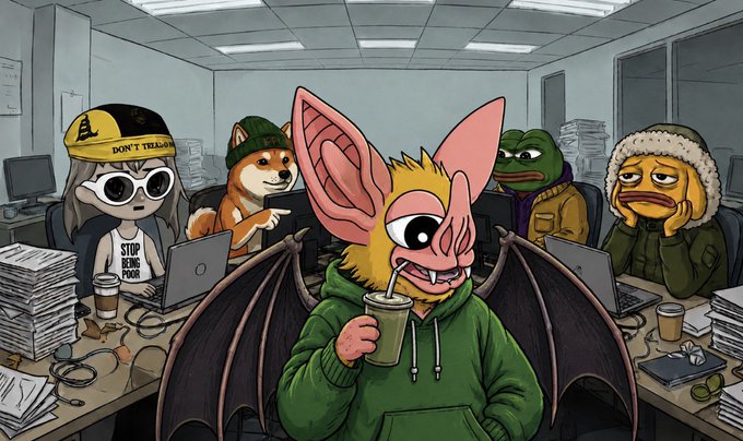 A digital illustration depicting meme characters including Pepe the Frog, Wojak, and a Shiba Inu dressed as a bat, working at cluttered office desks with laptops.