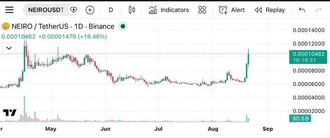 A 1-day Binance candlestick chart for NEIRO/TetherUS showing a price of 0.00010462, up 16.46%, with a breakout trend from May through August.
