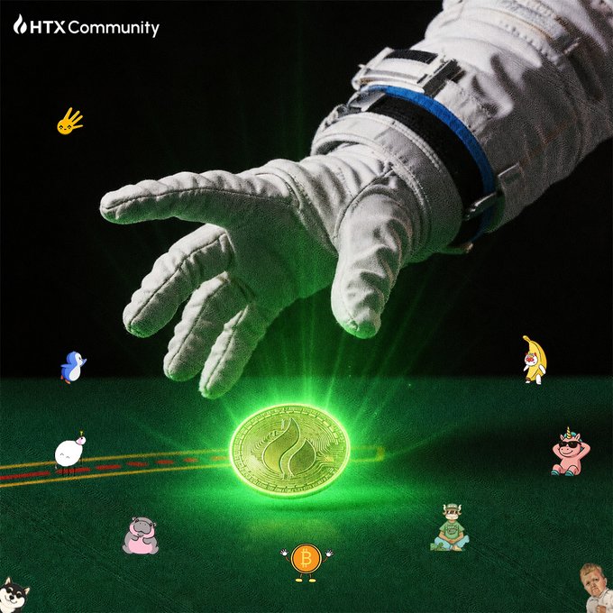 An astronaut's gloved hand reaches down toward a glowing golden coin at the center of a dark green field, surrounded by small cartoon characters and a tiny Bitcoin figure, with "HTX Community" branded in the top corner—visually reinforcing the post's message about choosing the right crypto coin to launch toward big profits.