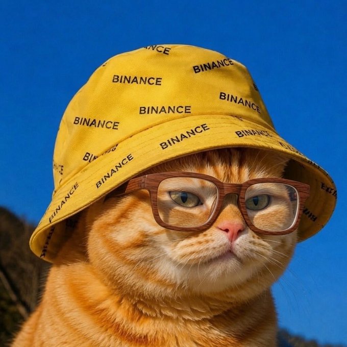 A digital illustration of an orange cat wearing a yellow bucket hat and large brown-rimmed glasses, with the word 'BINANCE' repeated as a pattern on the hat.