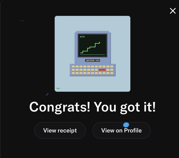 A digital congratulatory screen displaying a pixel art illustration of a vintage computer showing a rising green line graph, with text reading 'Congrats! You got it!' and buttons for 'View receipt' and 'View on Profile'.