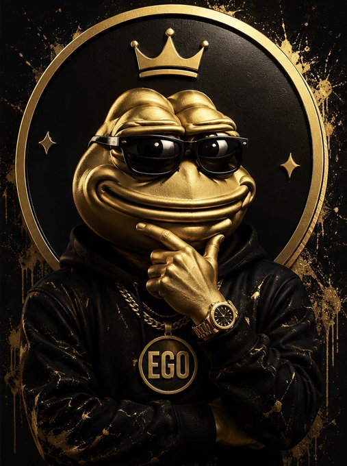 A gold sculpted frog wearing black sunglasses and a hoodie, with an 'EGO' medallion chain and a small crown above its head, posing thoughtfully with its finger to its chin.