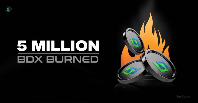 The image showcases a promotional graphic with the text "5 MILLION BDX BURNED" alongside stylized 3D coins featuring the BDX logo set against orange flames on a black background, illustrating the context of the post about 5 million $BDX tokens being permanently burned through BNS name registration fees on Beldex.