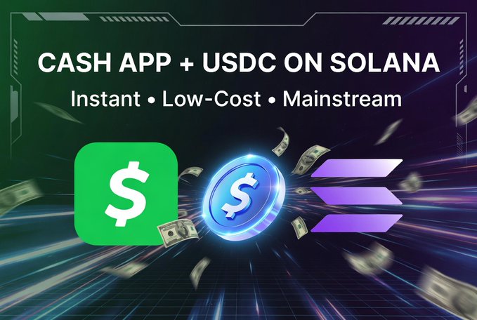 The image features a green dollar sign, which is the main focus of the post. The text "native USDC on Solana" is written below the dollar sign, indicating that this is a discussion about USDC on Solana. The background of the image has a purple and blue color scheme with a light blue stream of money falling from the top right corner to the bottom left corner. This visual representation emphasizes the concept of bridging the gap between native USDC on Solana and mainstream crypto adoption, highlighting how Cash App is now live on @CashApp and what it means for both the US and the crypto industry.