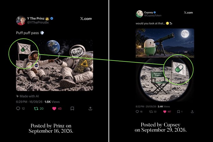 A side-by-side comparison of two X.com posts accusing 'Cupsey @CopseyToken' of copying artwork from 'Y The Prinz @YThePrinzOx', highlighting a green flag motif in both an AI-generated moon image and a Gumby telescope image.