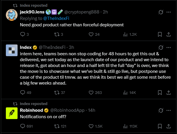 A Twitter thread where Index (@TheIndexFi) posts about their product launch being potentially delayed due to ongoing coding, with jack90.lens replying "Need good product rather than forceful deployment," and Index retweeting Robinhood's "Notifications on or off?" post. The image illustrates the crypto project team urging followers to enable notifications while signaling a possible delay in their launch announcement.