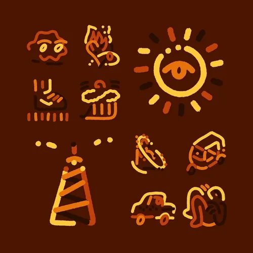 A collection of stylized, hand-drawn orange and yellow icons on a dark brown background, including faces, a sun, a traffic cone, a car, and a building.