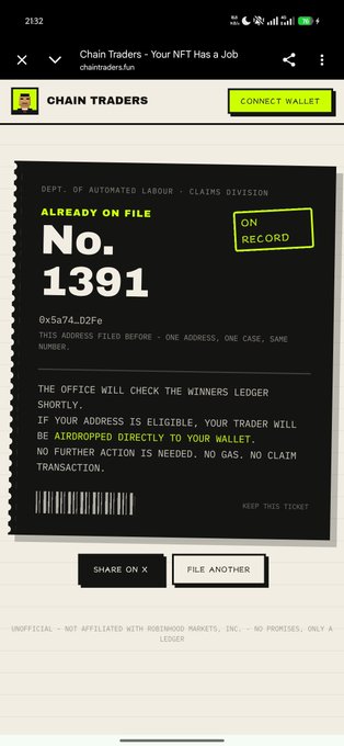 A mobile website screenshot from 'ChainTraders.fun' showing an 'ON RECORD' ticket numbered 1391 indicating a wallet has been airdropped a job.