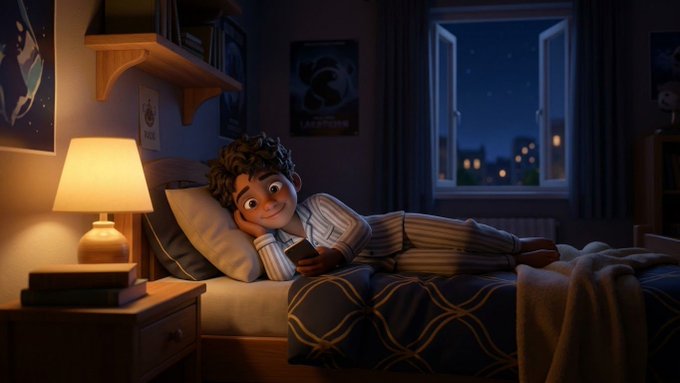 A digital illustration shows a young, curly-haired boy lying in bed at night, smiling as he looks at a smartphone, with a glowing bedside lamp and a night view through the glass.