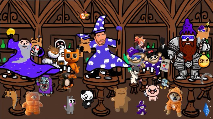 A cartoon illustration depicts a lively tavern scene filled with various characters, including figures wearing wizard hats, a skeleton in armor, and numerous animals like cats and dogs, all gathered in a wooden hall.
