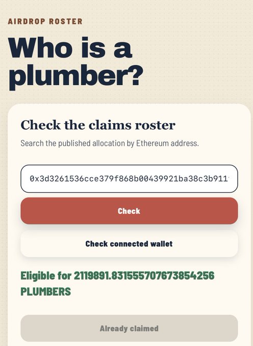 An airdrop roster check page showing eligibility for 211,9891.831555707673854256 PLUMBERS from the Ethereum address 0x3d3261536cce379f868b00439921ba38c3b911, which has already been claimed.