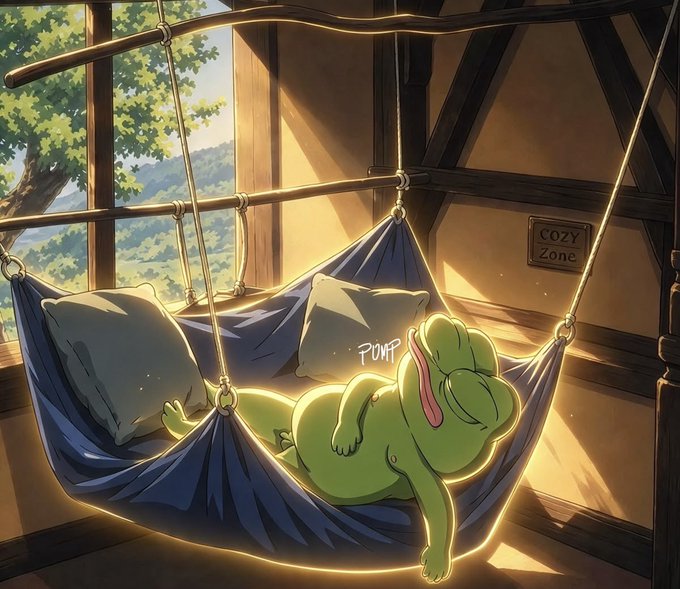 A green frog relaxes in a blue hanging hammock inside a sunlit wooden room, with small onomatopoeia “PLOAF” near its mouth and a wall sign reading “COZY Zone.”