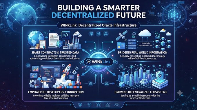 An infographic titled 'BUILDING A SMARTER DECENTRALIZED FUTURE' explaining 'WINkLink: Decentralized Oracle Infrastructure' and its four key features.