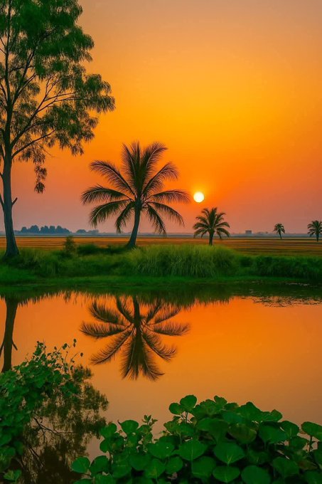 A vibrant sunset landscape featuring palm trees silhouetted against an orange sky, with their reflection visible in a calm body of water below.