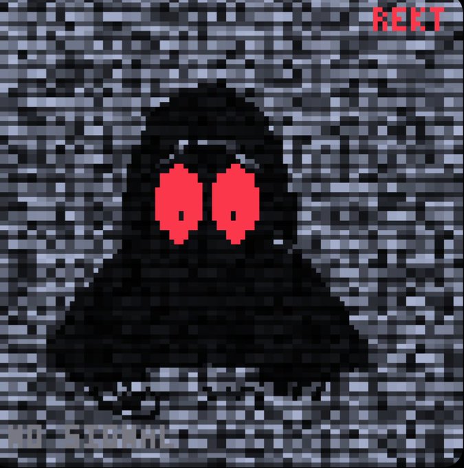 A pixel art image of a dark hooded figure with red eyes against a gray static background, with the text 'REKT' in red in the corner.