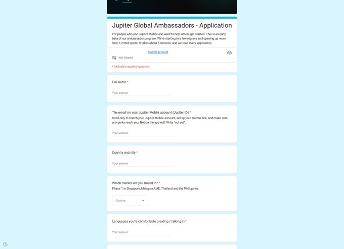 A screenshot of a Google Form titled "Jupiter Global Ambassadors - Application" featuring fields for full name, email, country, market, and languages.