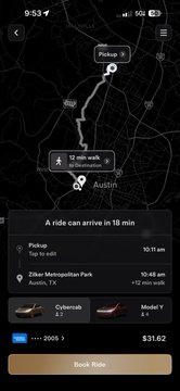 A mobile app screenshot for a ride-sharing service shows a route from Austin to Zilker Metropolitan Park with an estimated time of 10 minutes and a cost of $31.62.