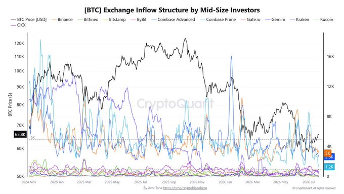 CryptoQuant chart titled "[BTC] Exchange Inflow Structure by Mid-Size Investors" tracking BTC Price [USD] against exchange inflows from Binance, Bitfinex, Bitstamp, Bybit, Coinbase Advanced, Coinbase Prime, Gate.io, Gemini, Kraken, Kucoin, and OKX from November 2024 to July 2025.