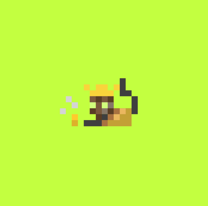 A pixel art image of a small tan and brown creature with large eyes on a bright lime green background.