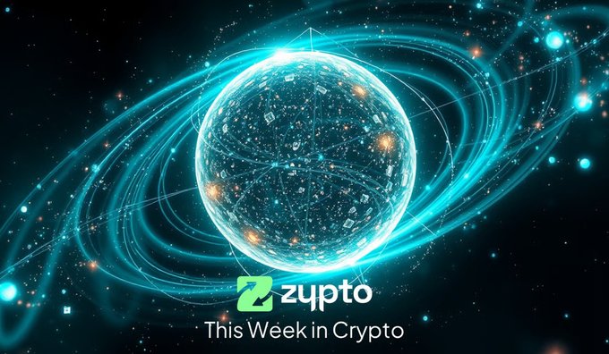 A digital graphic featuring a glowing blue wireframe sphere surrounded by orbiting light trails in space, with the "zypto" logo and the text "This Week in Crypto" at the bottom.
