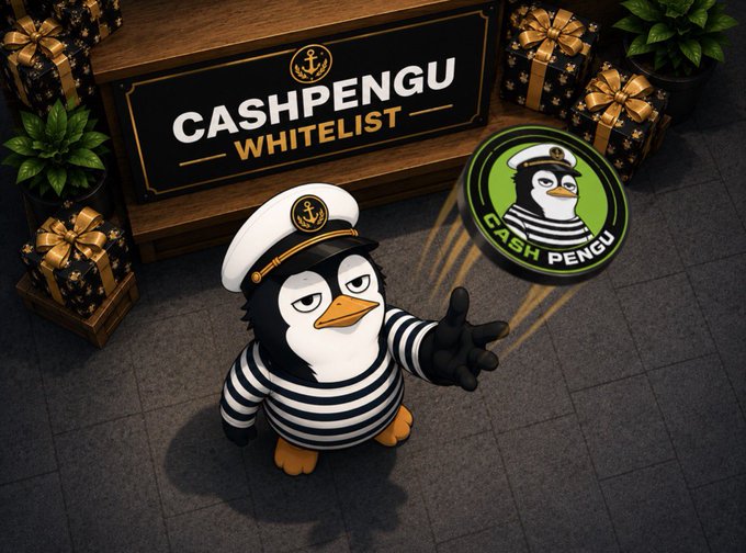 A promotional 3D rendering for 'CASHPENGU WHITELIST' featuring a cartoon penguin wearing a sailor hat and striped shirt, standing in front of a sign with gift boxes and a 'CASH PENGU' logo badge.