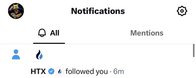 A mobile app notification screen showing 'HTX followed you · 6m' under the All notifications tab.