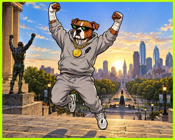 A digital artwork of a bulldog wearing a gray tracksuit, gold chain, and pixelated sunglasses, jumping joyfully in front of the Rocky statue with city buildings in the background.