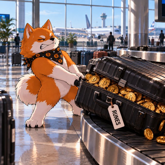 An illustrated Shiba Inu dog with a Bitcoin bandana stands at an airport baggage claim next to a briefcase labeled 'RUNES' filled with gold Bitcoin coins.